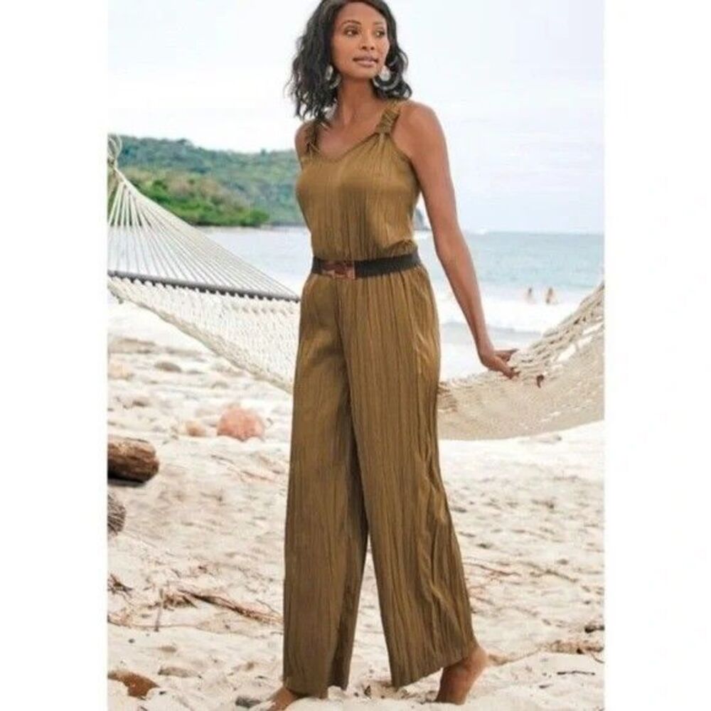 Soft Surroundings Janis Jumpsuit Dress Wide Leg Crinkle V Neck Bronze M 287549